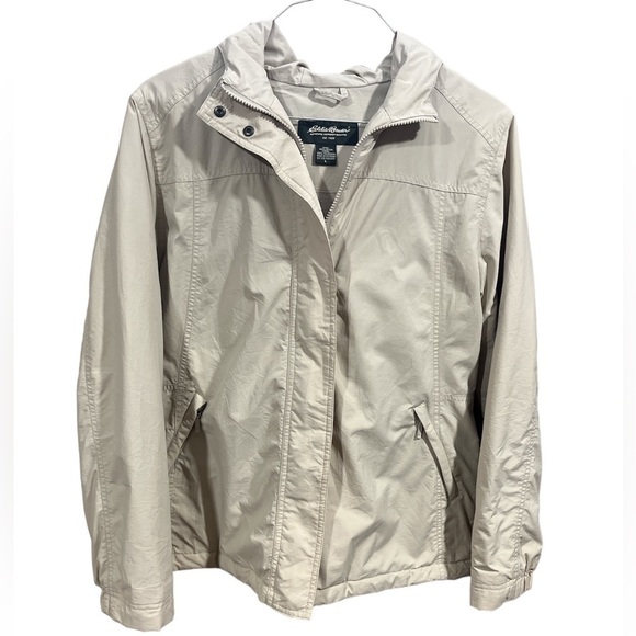 Eddie Bauer Hooded Khaki Zip Up Coat Jacket Size Large Outdoor Casual Neutral - Picture 1 of 8
